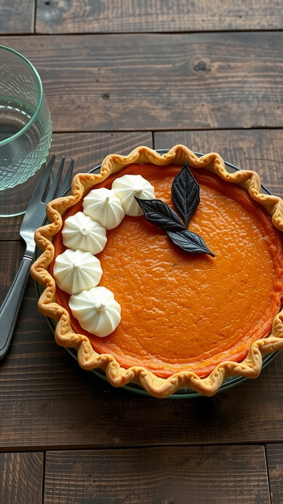 A classic pumpkin pie with a twist, featuring a golden crust and decorative whipped cream