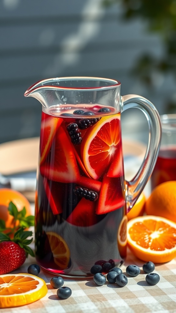 A pitcher of classic red wine sangria filled with fresh fruits.