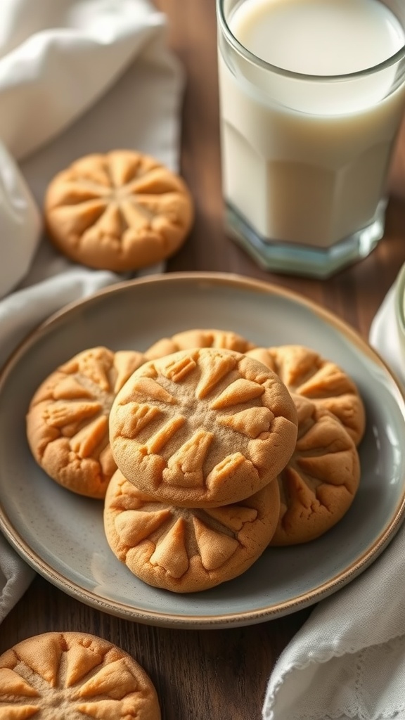 A plate of classic soft peanut butter cookies served with a glass of milk.