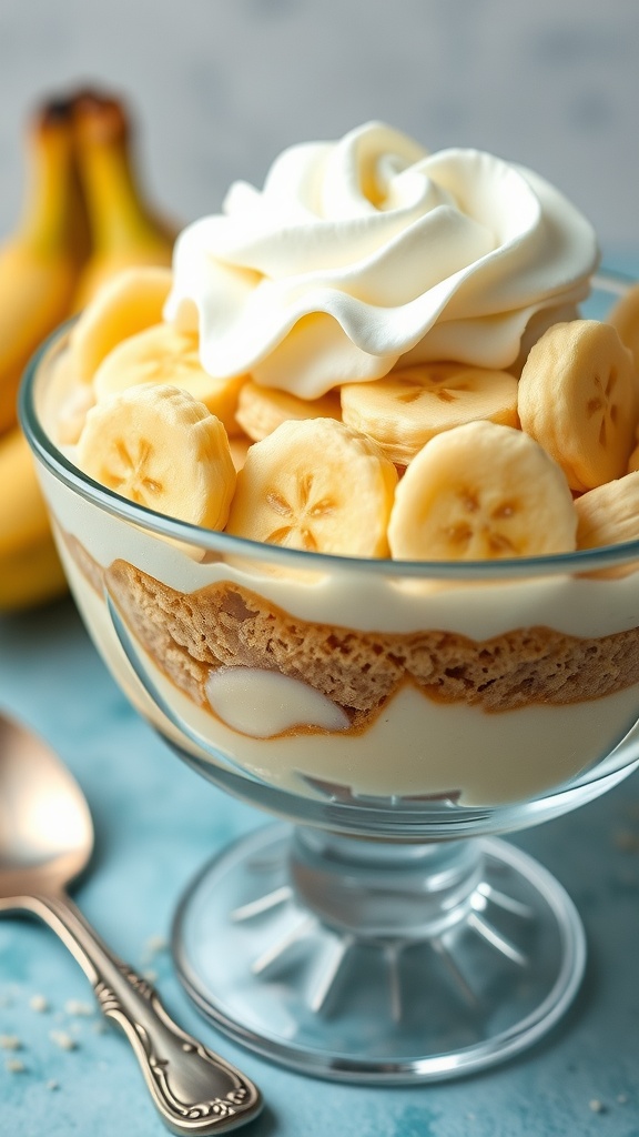 A bowl of classic Southern banana pudding with layers of bananas and Nilla wafers.