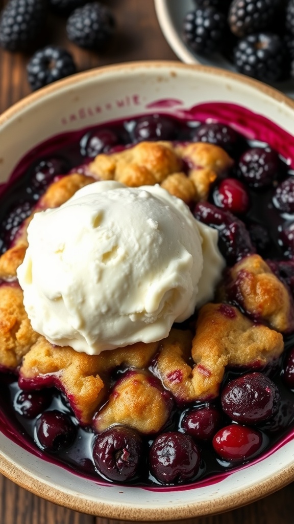 A classic Southern blackberry cobbler topped with a scoop of vanilla ice cream, served in a rustic bowl.