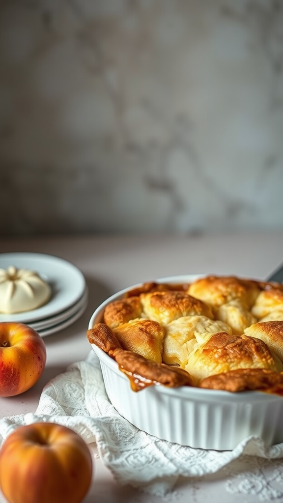 A classic peach cobbler baked in a white dish, surrounded by fresh peaches.