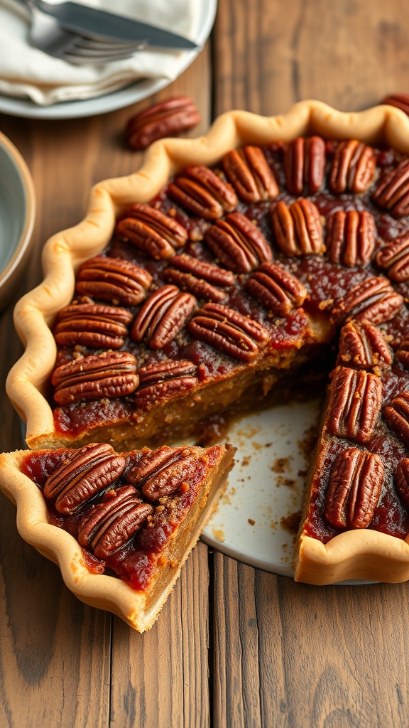 Classic Southern Pecan Pie with pecans on top.