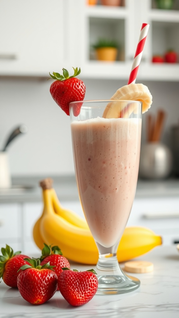 A classic strawberry banana smoothie served in a tall glass with a straw and garnished with a strawberry and banana slice.