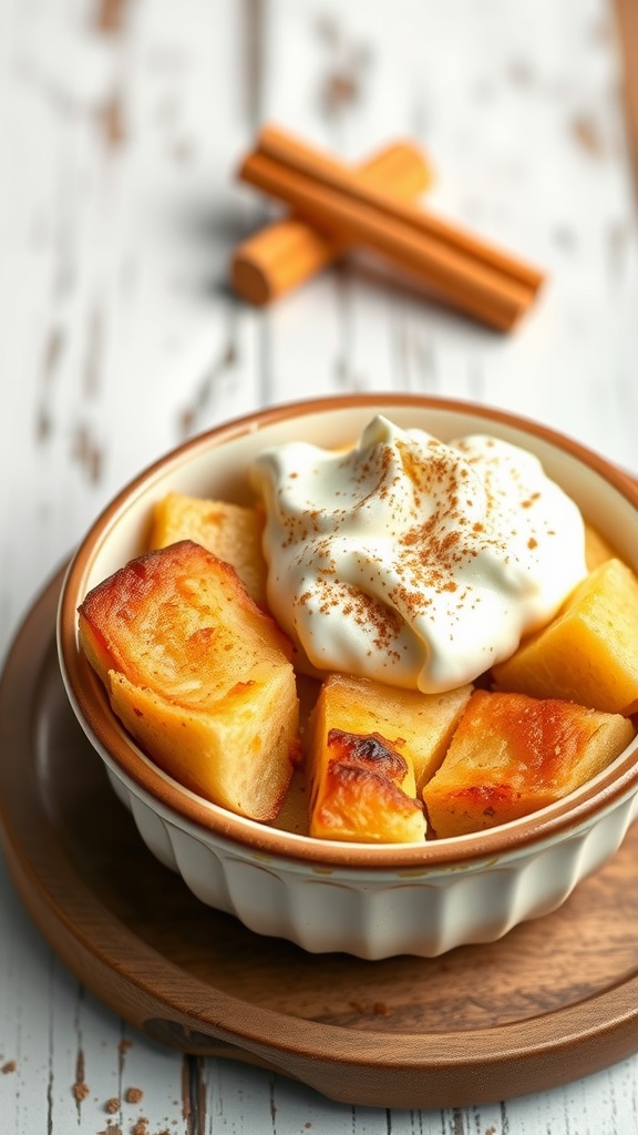 Classic Vanilla Bread Pudding in a white dish topped with whipped cream and a sprinkle of cinnamon.