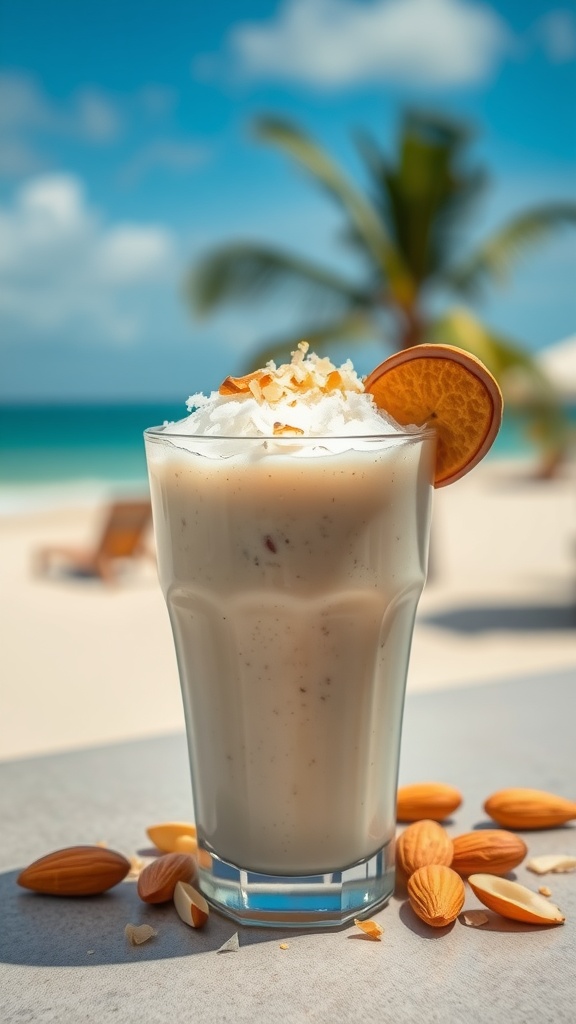 A delicious Coconut Almond Bliss Shake served in a tall glass with toppings and almonds.