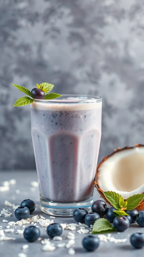 A refreshing blue smoothie made with coconut milk and blueberries