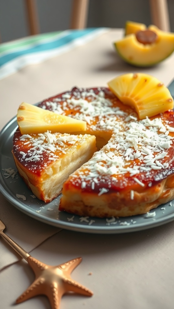 A delicious Coconut and Pineapple Dutch Baby pancake topped with pineapple slices and shredded coconut.