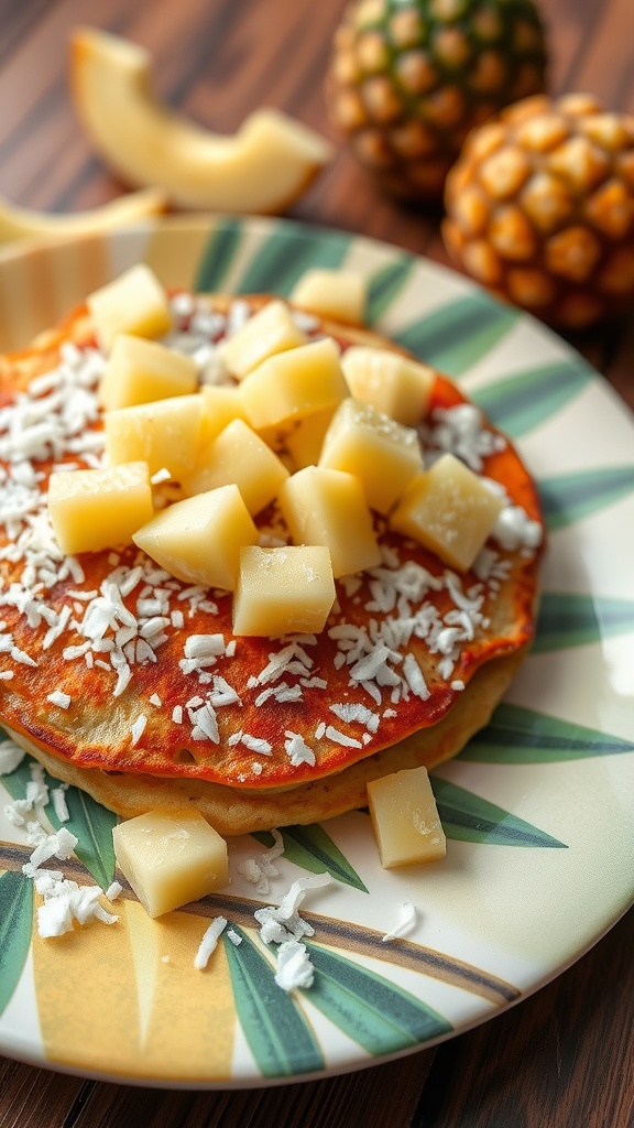 A fluffy pancake topped with coconut flakes and pineapple chunks on a tropical-themed plate.