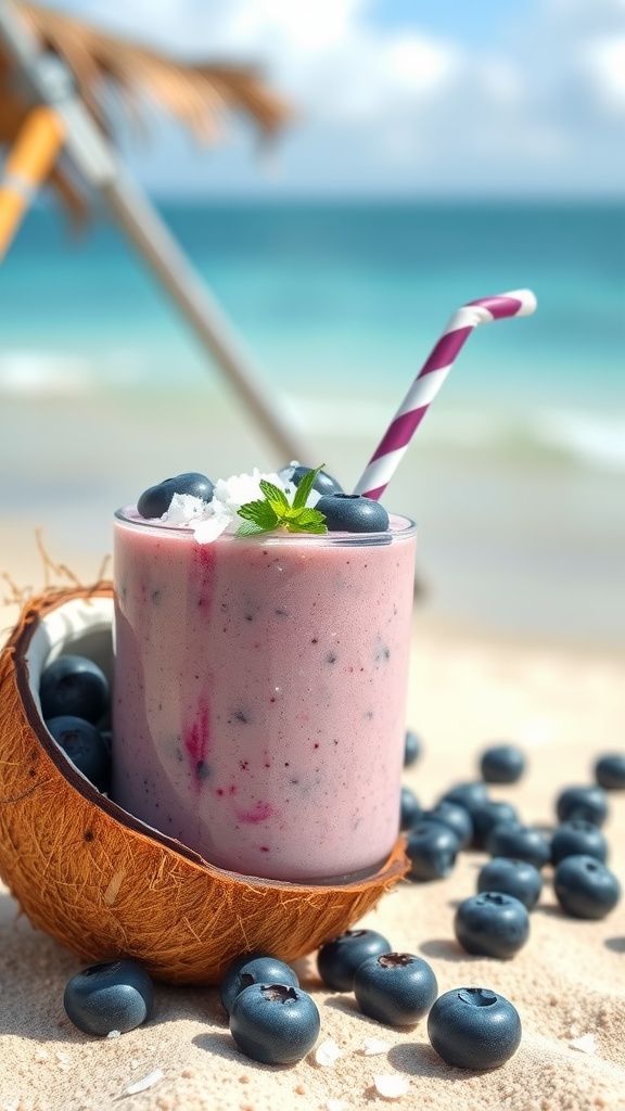 A refreshing coconut blueberry smoothie garnished with blueberries and shredded coconut.