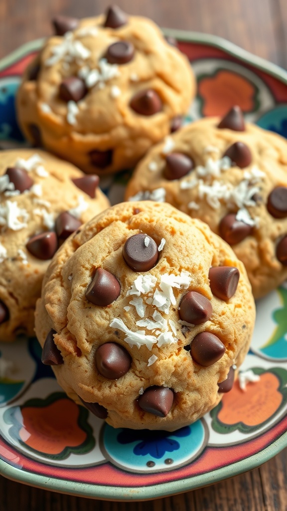 Plate of coconut chocolate chip cookies with a gooey, chewy center.