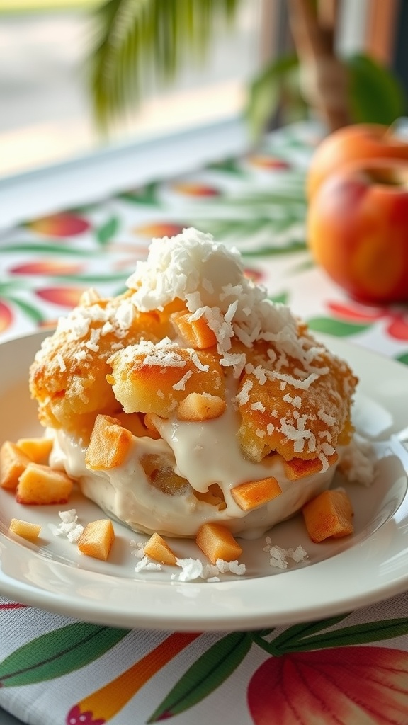 A delicious serving of coconut cream apple cobbler topped with coconut flakes and diced apples.