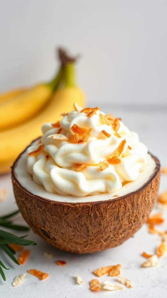 A serving of Coconut Cream Banana Pudding in a coconut shell, topped with whipped cream and toasted coconut flakes.