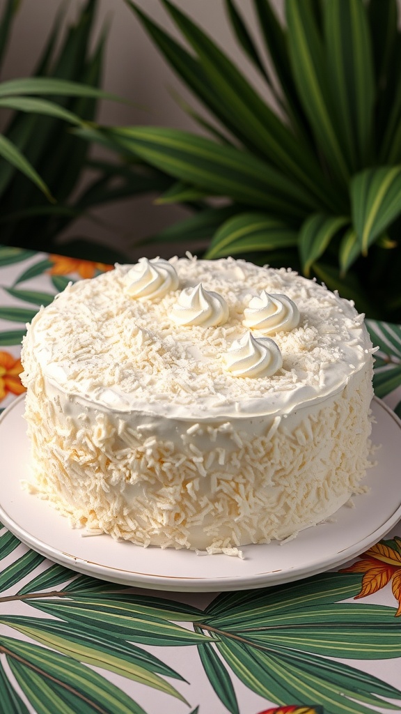 A beautifully decorated Coconut Cream Cake with shredded coconut on top.