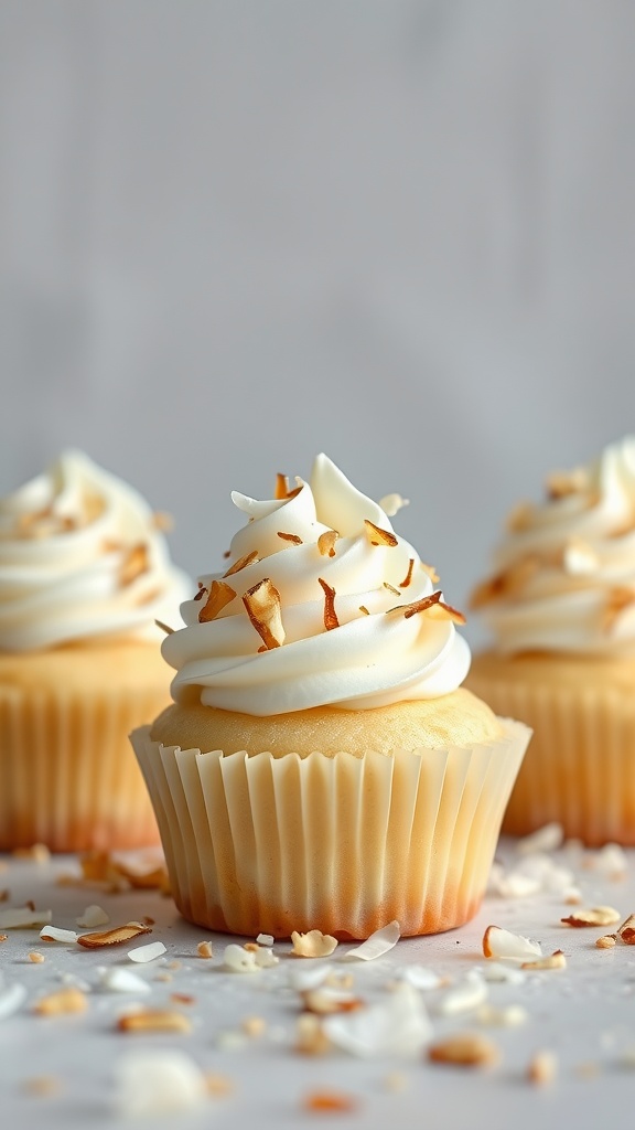 Coconut Cream Vanilla Cupcakes with toasted coconut flakes on top