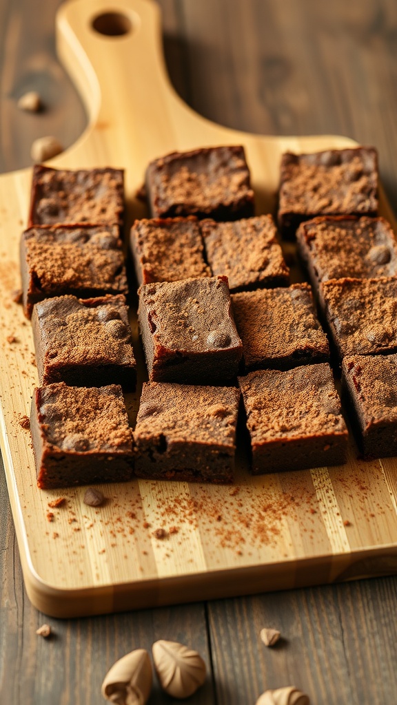 Brownies made with coconut flour, cut into squares and sprinkled with cocoa powder on a wooden cutting board.