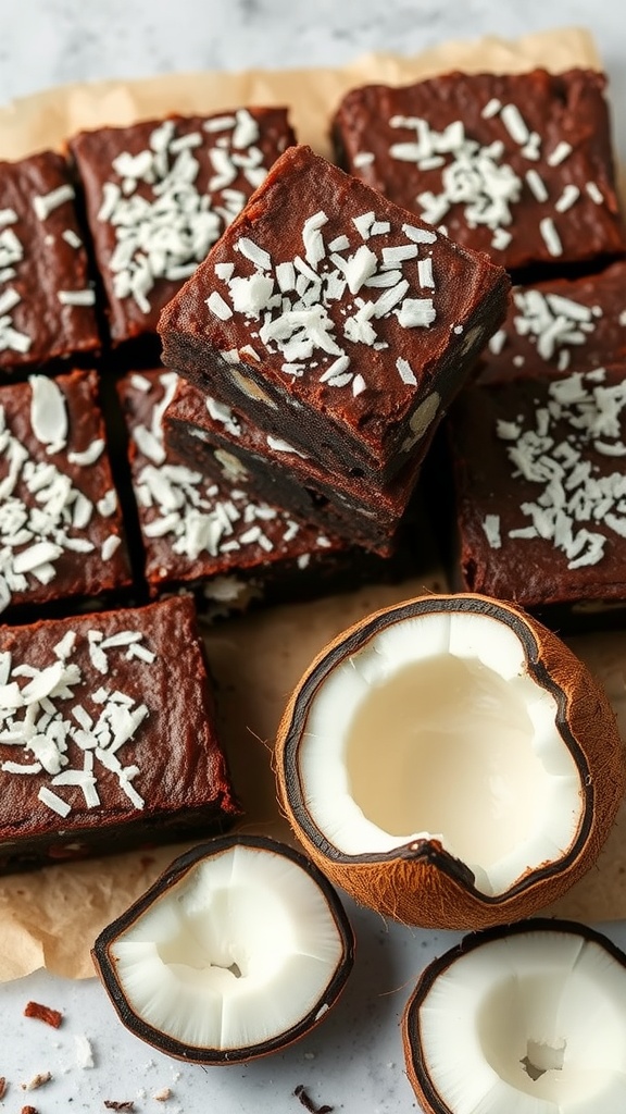 Delicious coconut flour brownies topped with shredded coconut.