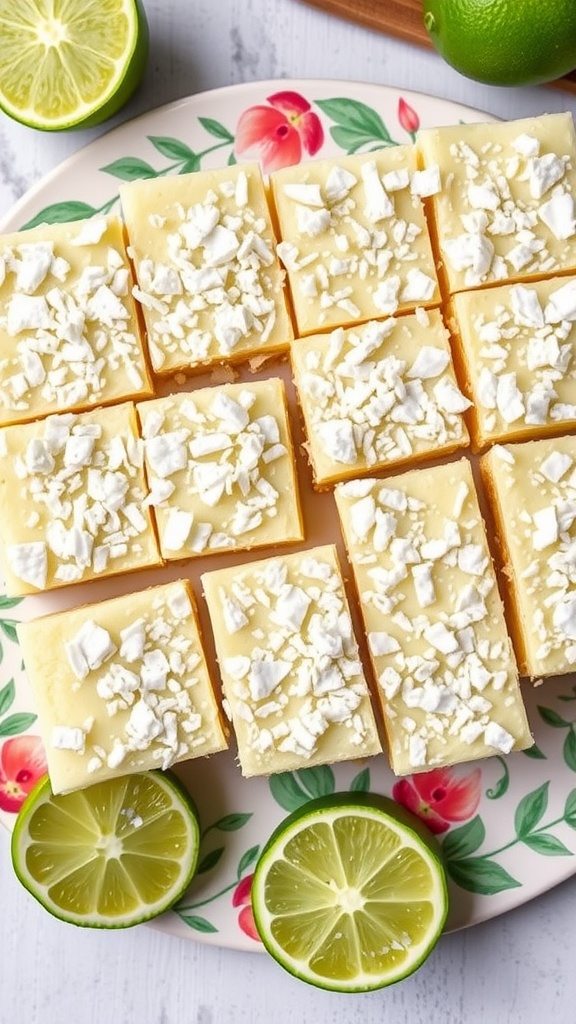 Delicious coconut lime bars topped with shredded coconut and lime slices