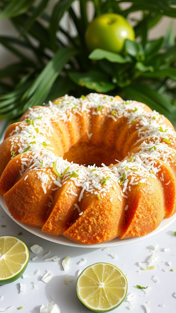 A beautiful Coconut Lime Bundt Cake topped with shredded coconut and lime zest.