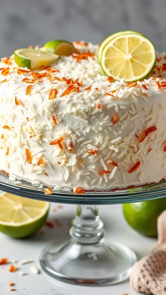 A delicious Coconut Lime Cake topped with coconut flakes and lime slices.