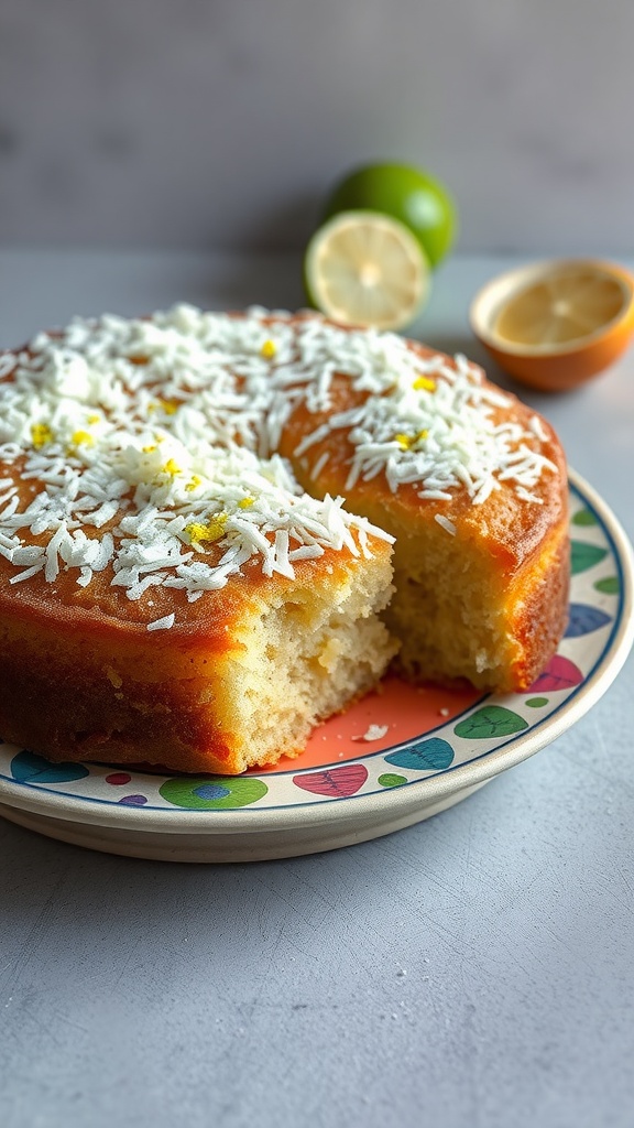 A slice of Coconut Lime Coffee Cake with a sprinkle of shredded coconut and lime zest on top.