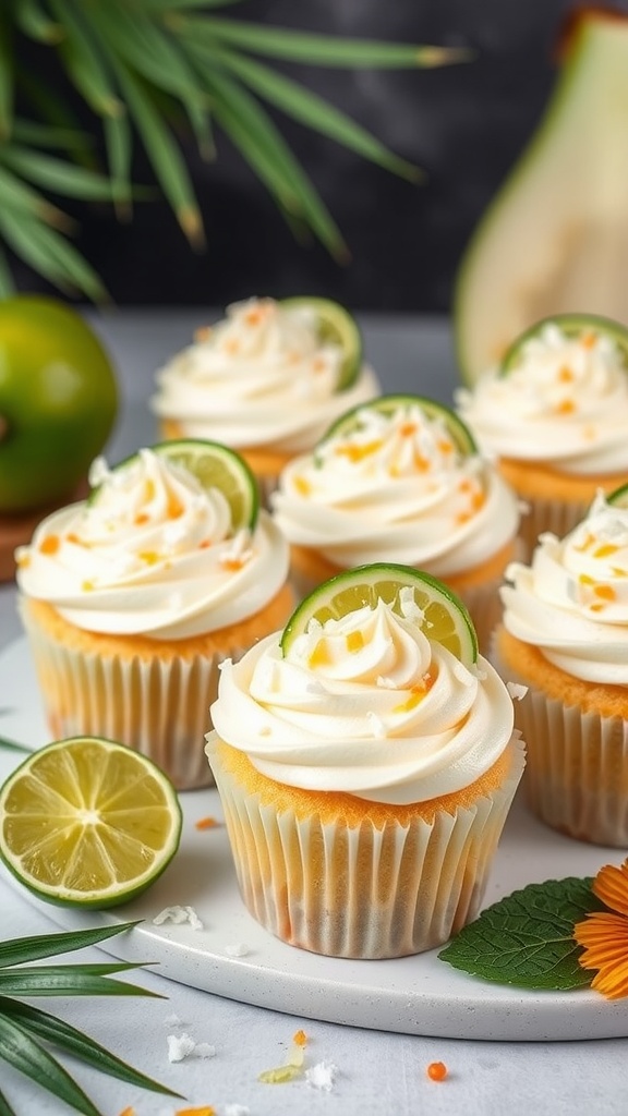 Coconut lime cupcakes decorated with lime slices and frosting