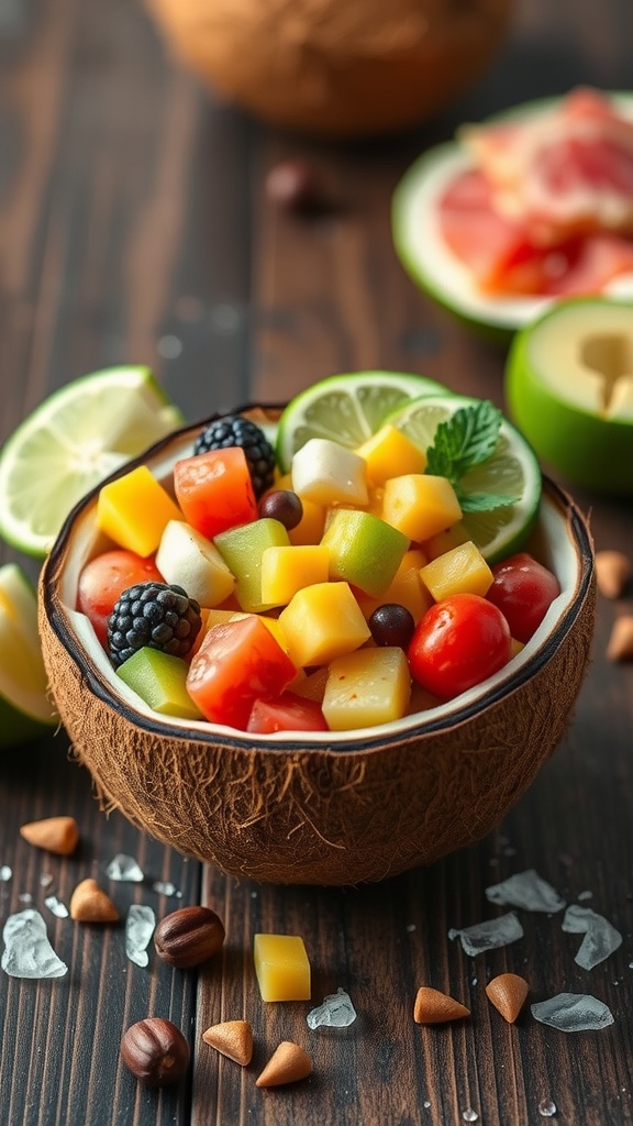 A vibrant coconut lime fruit salad with assorted colorful diced fruits and lime wedges.