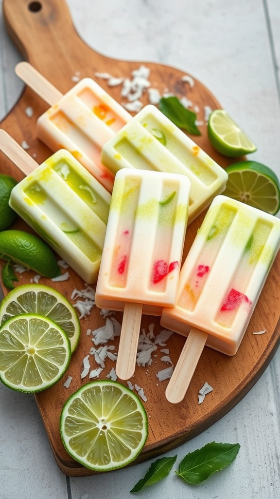 Coconut lime popsicles arranged on a wooden board with lime slices and coconut flakes.