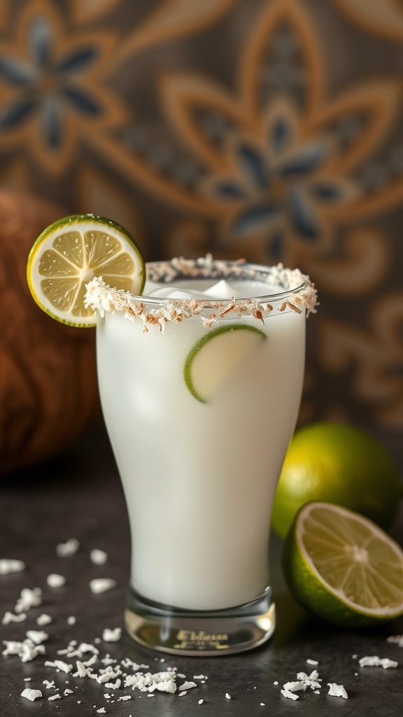 A refreshing coconut lime mocktail garnished with lime and shredded coconut.