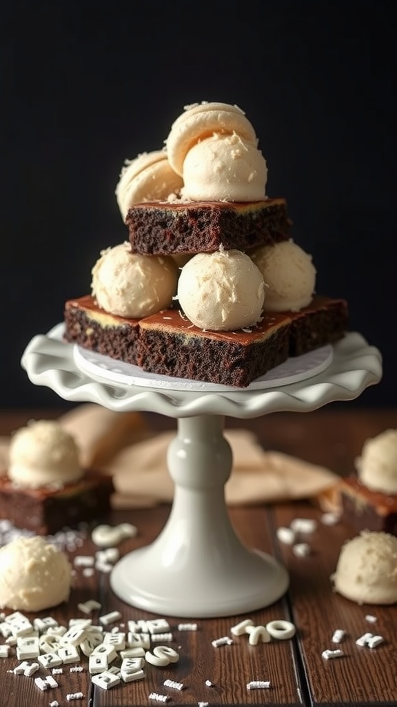 Delicious coconut macaroon brownies stacked on a cake stand.