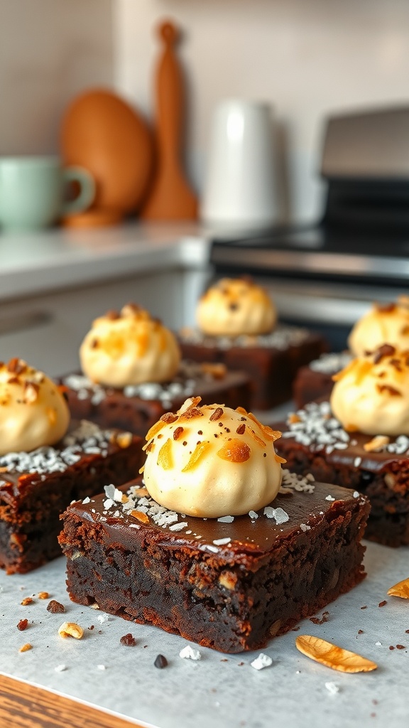 A delicious batch of Coconut Macaroon Brownies topped with coconut cream and chocolate sprinkles.