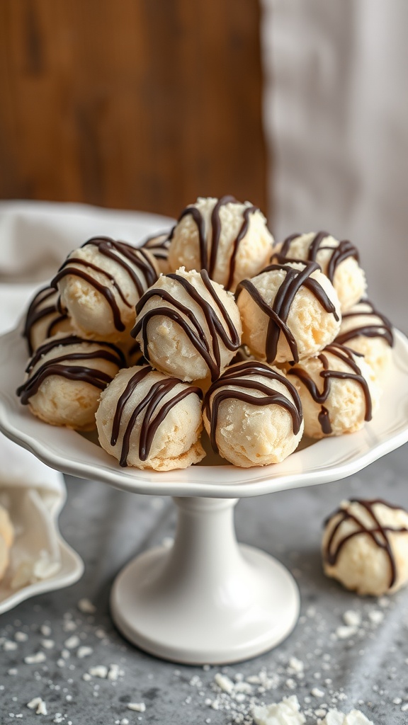 Coconut macaroons with dark chocolate drizzle on a white plate.