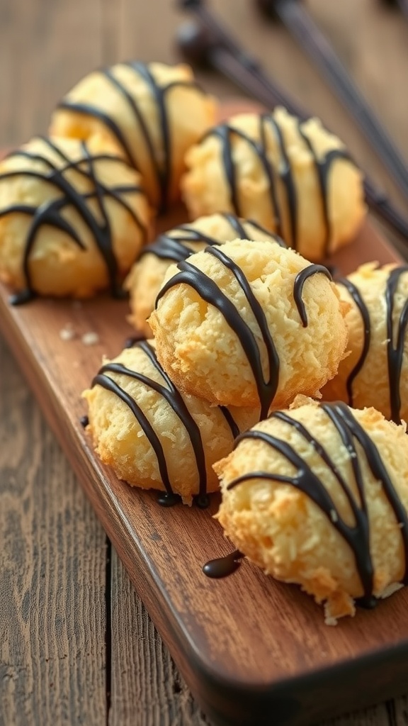 Coconut macaroons with dark chocolate drizzle on a wooden platter