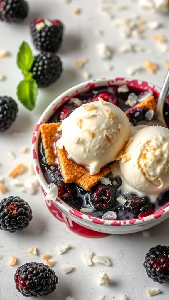 A delicious Coconut Milk Blackberry Cobbler served with ice cream and garnished with shredded coconut.