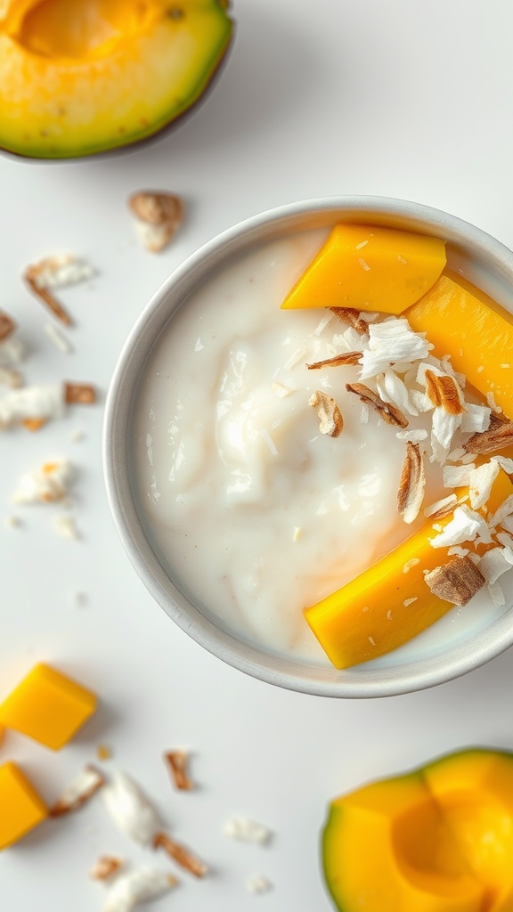 Bowl of coconut milk rice pudding topped with mango and coconut flakes