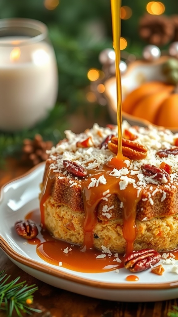 A delicious serving of Coconut Pecan Paradise dessert topped with caramel and pecans.