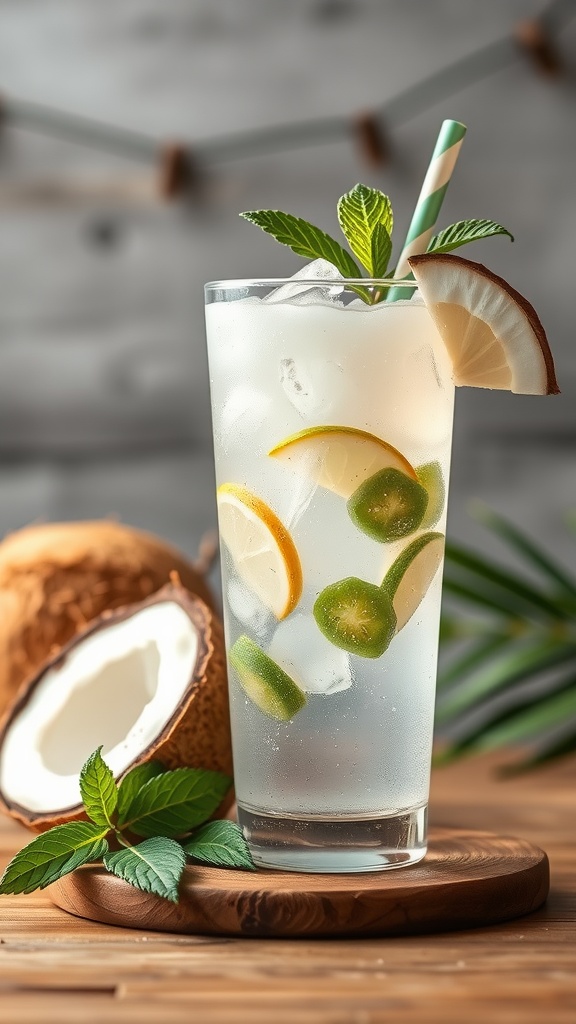 A refreshing drink of coconut water with mint and berries, perfect for summer.