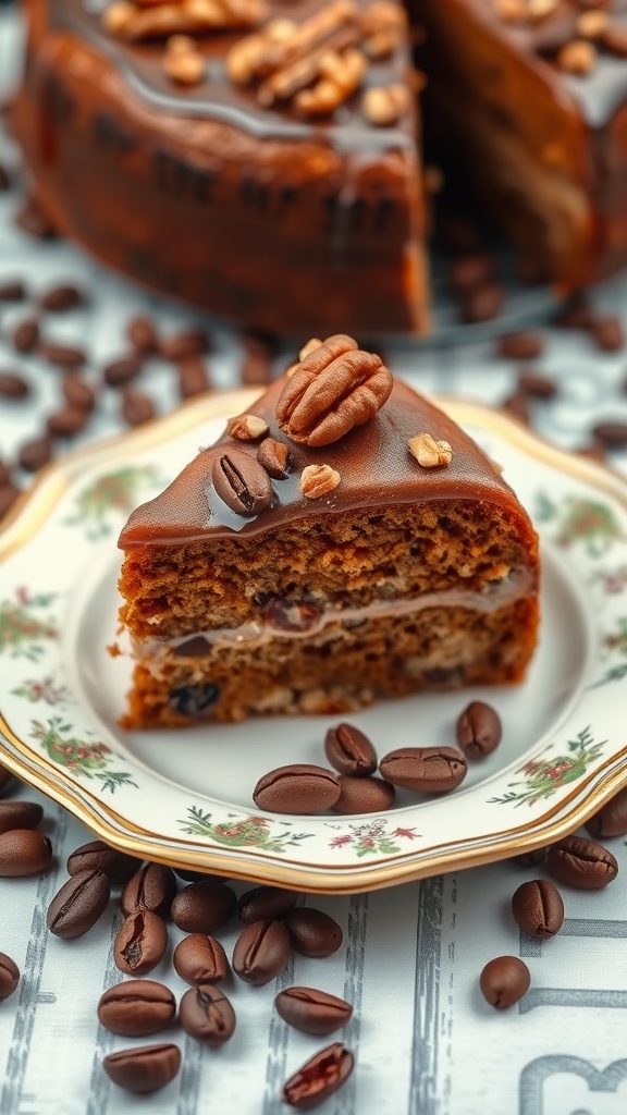 A slice of coffee and walnut cake served on a decorative plate