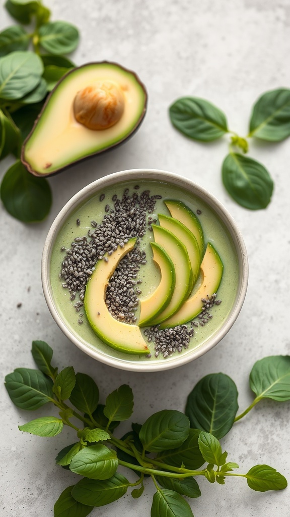 A creamy green smoothie made with avocado and spinach, garnished with slices of avocado and chia seeds.