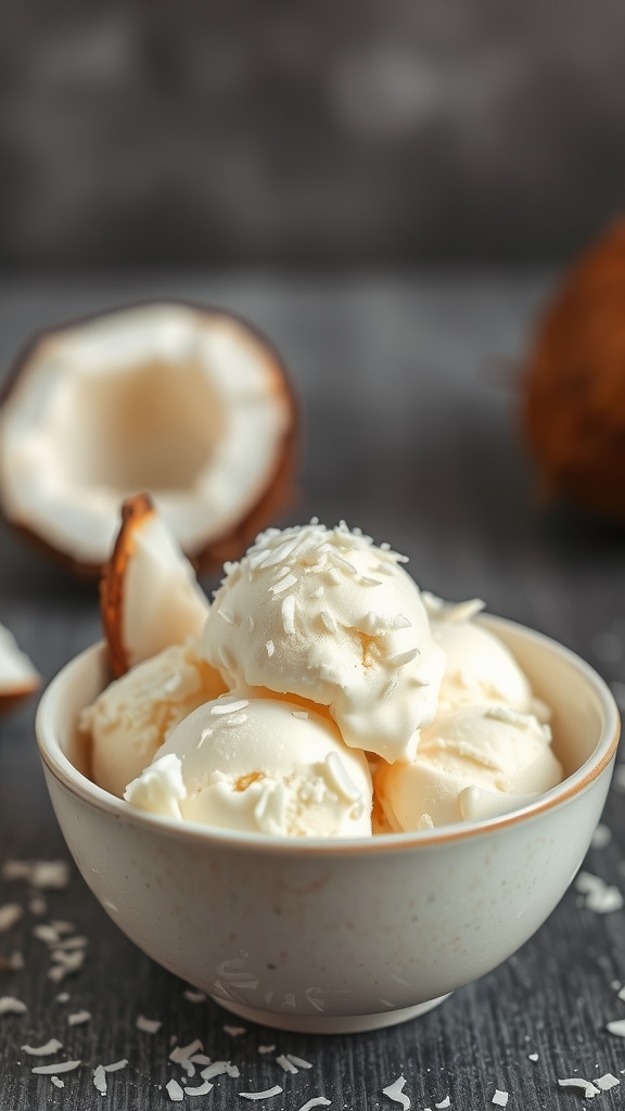 A bowl of creamy coconut ice cream topped with shredded coconut.