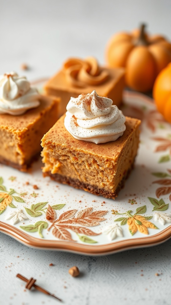 Creamy pumpkin cheesecake bars topped with whipped cream and spices