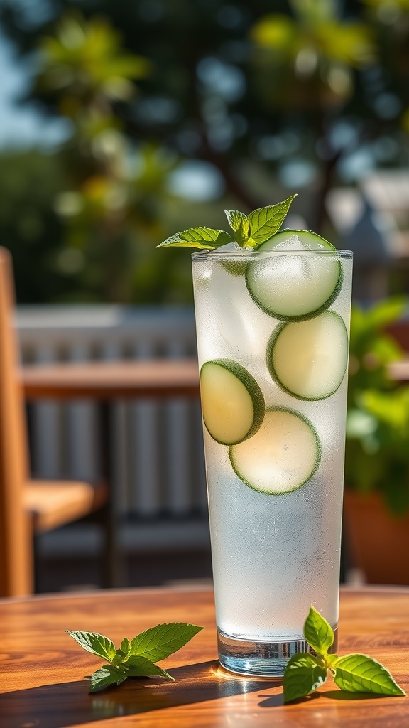 A refreshing Cucumber Basil Gin Spritzer served in a tall glass.