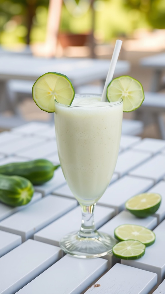 A refreshing cucumber lime smoothie in a glass garnished with lime slices.