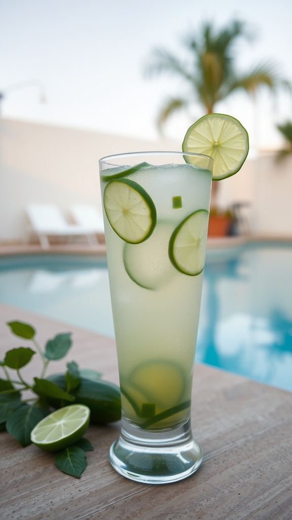 A refreshing cucumber lime drink served in a tall glass with cucumber and lime slices on the rim.