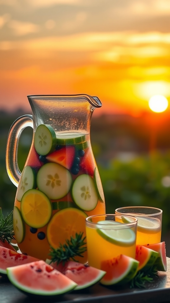 A refreshing pitcher of Cucumber Melon Sangria with slices of cucumber and watermelon, perfect for summer.