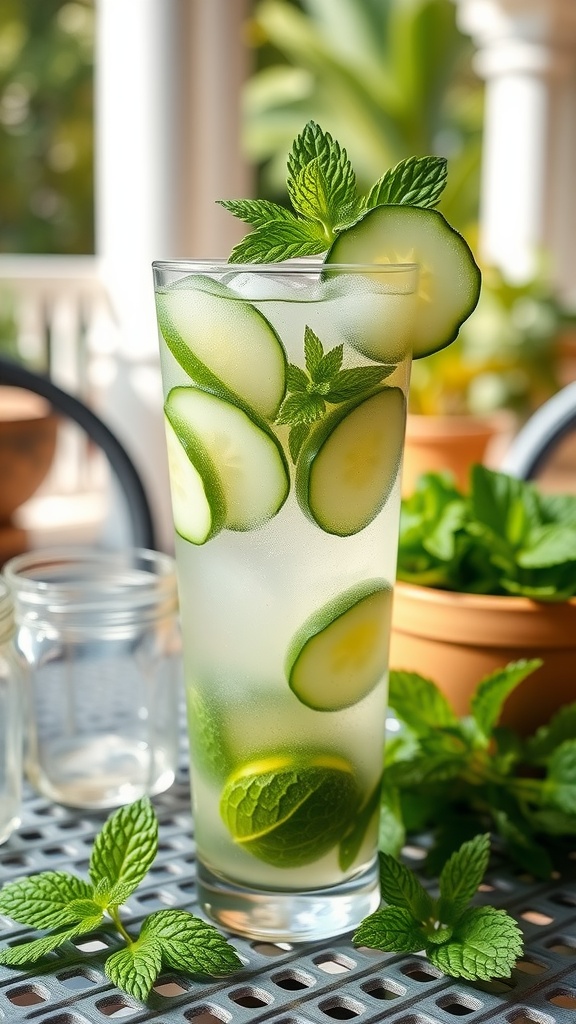 A refreshing Cucumber Mint Cooler cocktail garnished with cucumber slices and mint leaves.