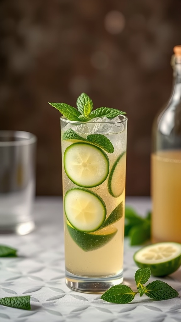A refreshing Cucumber Mint Sparkler mocktail in a tall glass, garnished with mint leaves and cucumber slices.