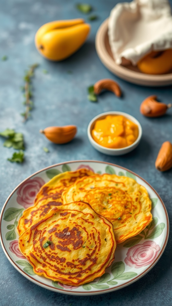 Curried potato pancakes on a floral plate with a side of chutney and garnished with herbs.