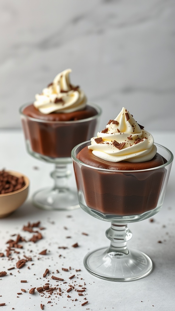 Two servings of dark chocolate mousse topped with whipped cream and chocolate shavings.