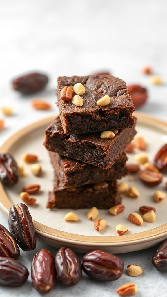 Delicious date-sweetened brownies stacked with nuts around them.